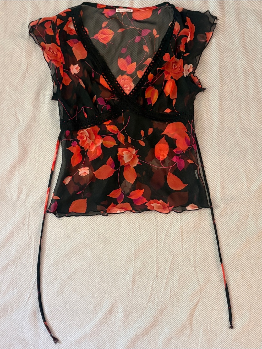 Sheer Black Floral Wrap Top with Red Rose Print